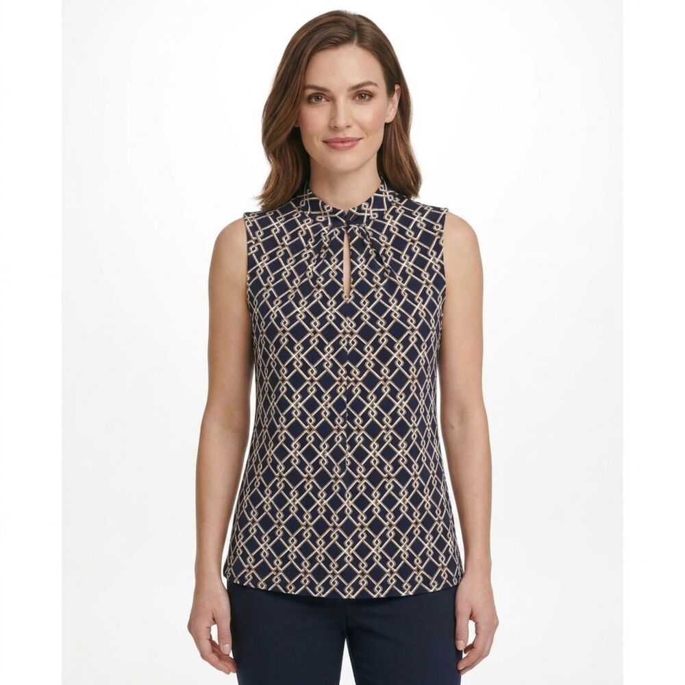 Tommy Hilfiger Sleeveless Blouse Women S Navy Blue Excellent Geometric Mock Neck